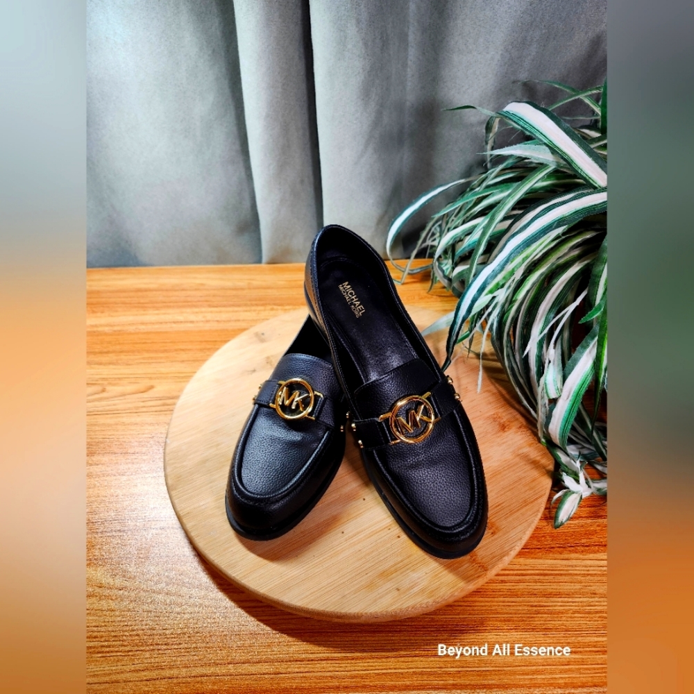 Michael Kors Black Leather Gold Studded Loafers
